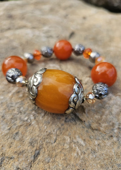 Beaded Bracelet Natural Stone (African Amber, Silver, Moonstone) by Tonnie's Chest