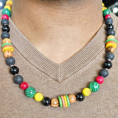 Natural Stone Bead Necklace with Malachite, Red Jade & Onyx by Tonnie's Chest