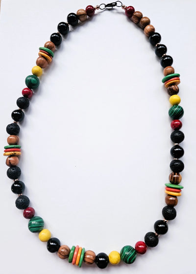 Natural Stone Bead Necklace with Malachite, Red Jade & Onyx by Tonnie's Chest