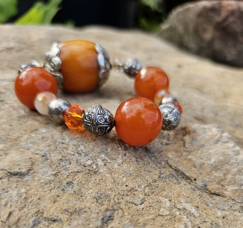 Beaded Bracelet Natural Stone (African Amber, Silver, Moonstone) by Tonnie&