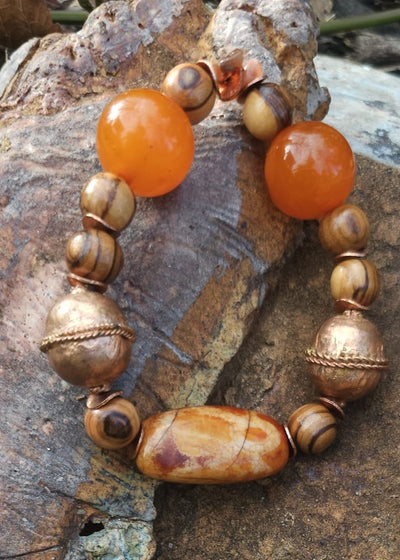 Beaded Bracelet Natural Stone (Snakeskin Agate/Copper) by Tonnie's Chest