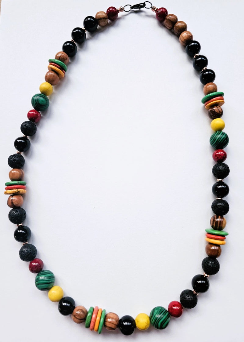Natural Stone Bead Necklace with Malachite, Red Jade & Onyx by Tonnie&
