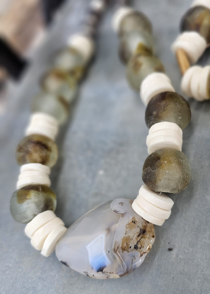 Natural Stone (Agate, Ghana Glass beads Bone) Necklace by Tonnie's Chest