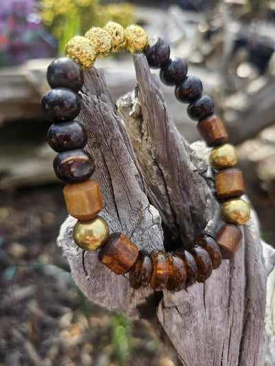 Natural Stone beaded bracelet (Amber, brass, wood, gold coated hemitite) by Tonnie's Chest
