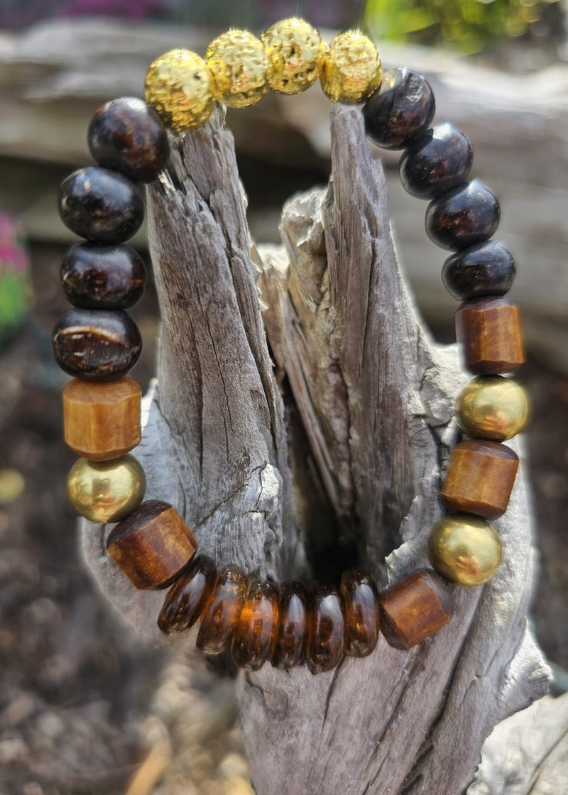 Natural Stone beaded bracelet (Amber, brass, wood, gold coated hemitite) by Tonnie&