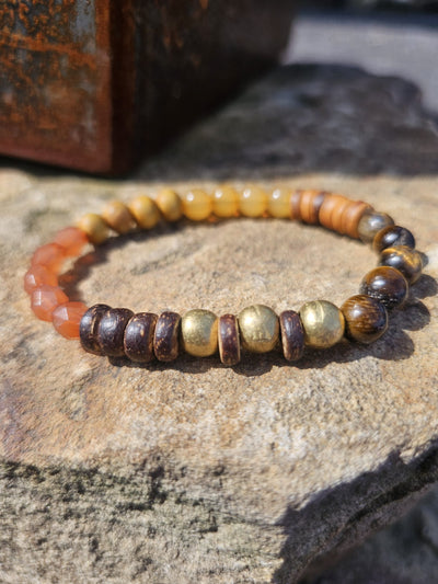 Natural Stone Beaded Bracelet (tiger's eye, yellow jade, brass, coconut) by Tonnie's Chest