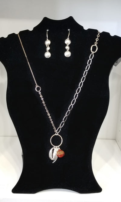 Necklace Set: Handmade Sterling Silver, Cowrie Shell Charm with Carnelian by Cordelia Stewart