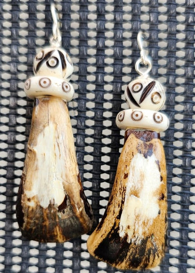 "Roc-N-Lobes Earrings" (Light Earth tone Hand painted Buffalo Teeth) by Michele L. Scott